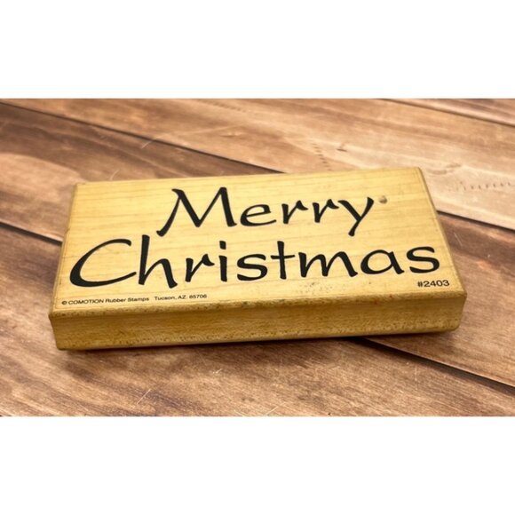 VERY HTF VINTAGE COMOTION #2403 MERRY CHRISTMAS LARGE WOOD MOUNTED RUBBER STAMP - Picture 3 of 6